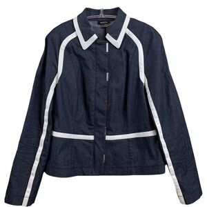 Worth New York Denim Jean Faux Leather Trim Zip Snap Jacket Blue White Size 12